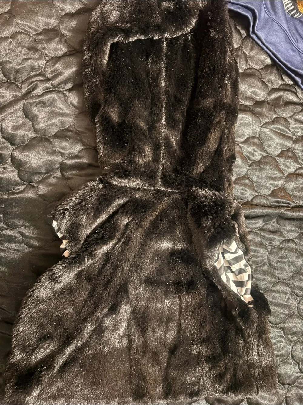 & Other Stories Black Faux Fur Hooded Vest with Pink Trim